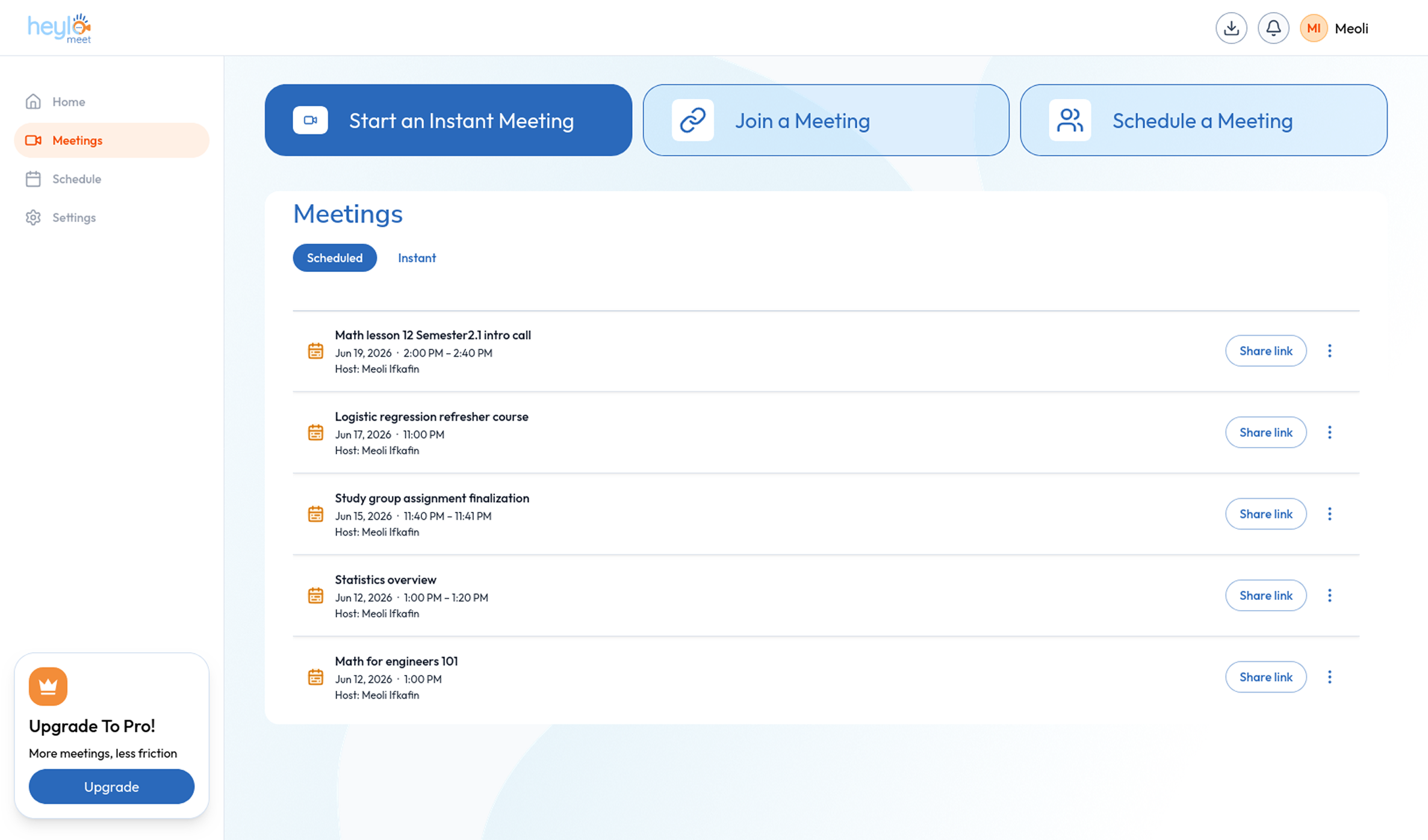 Heylomeet video meeting interface showing effortless screen sharing and participant controls